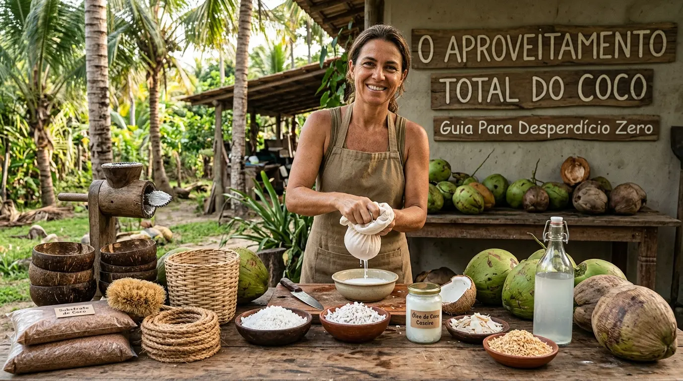 Mulher sorridente de avental extraindo leite de coco artesanal em uma mesa rústica de madeira ao ar livre. A cena ilustra o aproveitamento total do coco com foco em desperdício zero, exibindo diversos subprodutos sustentáveis, como óleo de coco caseiro, coco ralado, cascas, cordas de fibra e cocos frescos. Ao fundo, coqueiros e uma placa de madeira com o título: O Aproveitamento Total do Coco - Guia Para Desperdício Zero.