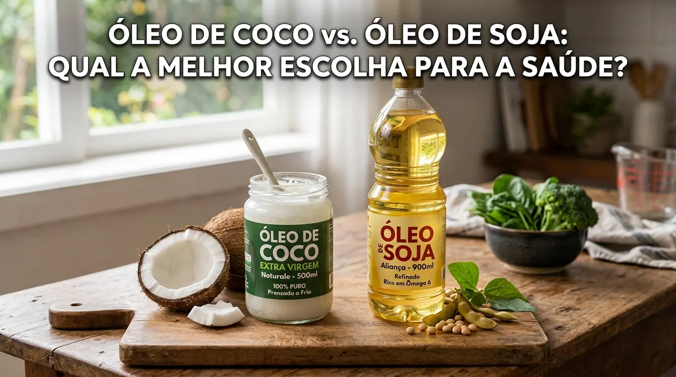 Uma composição visual de estúdio que compara diretamente o óleo de coco e o óleo de soja para uma escolha saudável. No topo, o título em português: 'ÓLEO DE COCO vs. ÓLEO DE SOJA: QUAL A MELHOR ESCOLHA PARA A SAÚDE?'. No lado esquerdo, sobre uma mesa de madeira rústica, um pote de vidro com óleo de coco extra virgem e cocos frescos abertos e inteiros. No lado direito, uma garrafa de plástico transparente de óleo de soja refinado com grãos de soja, vagens e um bowl com vegetais verdes (brócolis e espinafre). A embalagem do óleo de coco destaca 'Natureza, 500ml, 100% PURO, Prensado a Frio', e a do óleo de soja destaca 'Aliança, 900ml, Refinado, Rico em Ômega 6'. O fundo é uma janela com luz natural e plantas.
