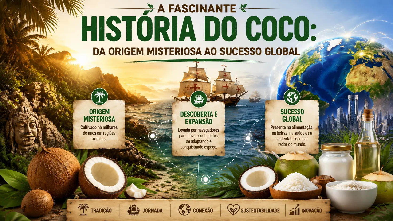 Um infográfico ricamente detalhado intitulado "A Fascinante HISTÓRIA DO COCO: Da Origem Misteriosa ao Sucesso Global". O visual traça uma jornada em três fases: a "ORIGEM MISTERIOSA", mostrando a tradição de cultivo milenar em regiões tropicais com estátuas antigas e cocos inteiros; a "DESCOBERTA E EXPANSÃO", com ilustrações de navios à vela históricos levando o coco para novos continentes; e o "SUCESSO GLOBAL", com um globo conectado, produtos como óleo de coco, coco ralado e água de coco, e texto destacando seus usos na alimentação, beleza, saúde e sustentabilidade. Um painel inferior com ícones de madeira rotulados como "TRADIÇÃO", "JORNADA", "CONEXÃO", "SUSTENTABILIDADE" e "INOVAÇÃO" resume os temas.