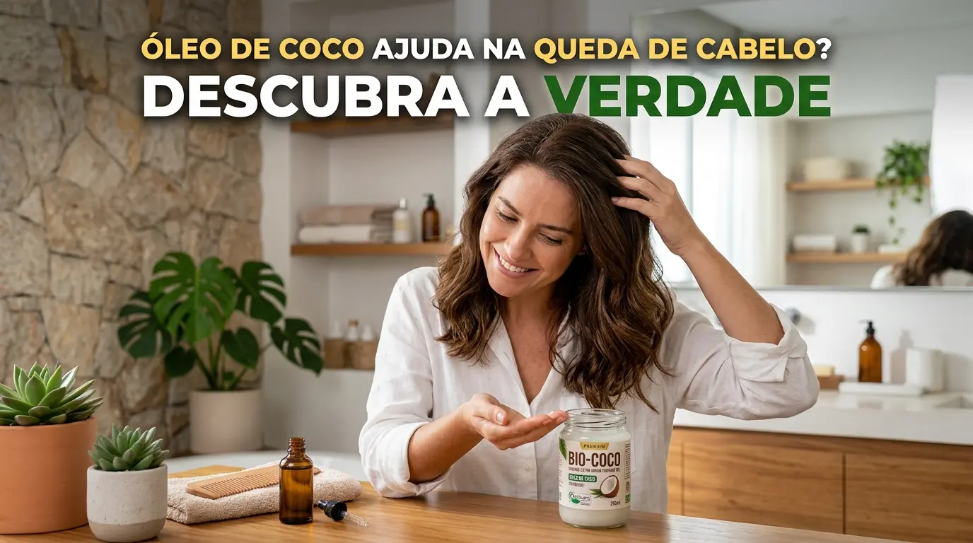 Imagem com o título em destaque "Óleo de coco ajuda na queda de cabelo? Descubra a verdade". A cena mostra uma mulher sorridente, com cabelos castanhos longos e ondulados, passando a mão nos fios enquanto segura um pouco do produto. Ela está em um banheiro moderno, claro e aconchegante, decorado com plantas e uma parede de pedras. Sobre a bancada de madeira à sua frente, há um pote de vidro de óleo de coco natural (marca Bio-Coco), um pente de madeira, uma toalha felpuda e um pequeno frasco conta-gotas âmbar, ilustrando uma rotina de cuidados capilares e tratamento natural para os cabelos.