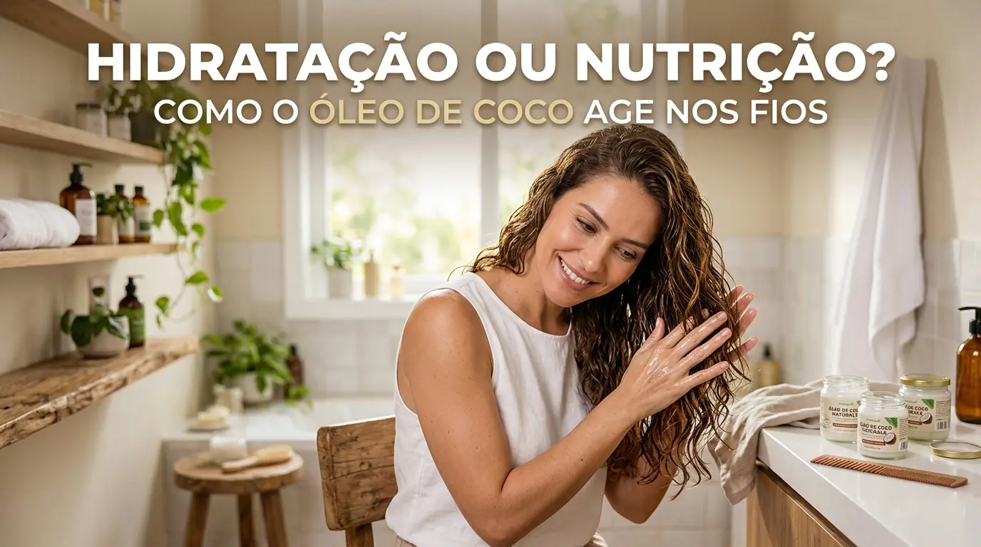 Mulher sorridente aplicando óleo de coco nos cabelos úmidos em um banheiro bem iluminado. O texto em destaque na imagem pergunta: "Hidratação ou Nutrição? Como o óleo de coco age nos fios". Potes de óleo de coco estão sobre a bancada.