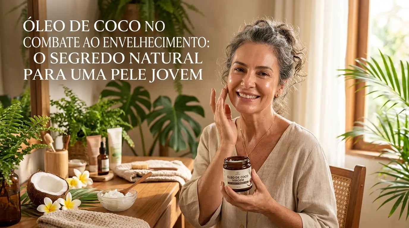 Imagem promocional com o título "ÓLEO DE COCO NO COMBATE AO ENVELHECIMENTO: O SEGREDO NATURAL PARA UMA PELE JOVEM". A cena mostra uma mulher madura, sorridente e com uma pele do rosto iluminada e saudável, tocando a própria bochecha. Ela segura um frasco escuro de "Óleo de Coco Virgem". O ambiente é claro, natural e acolhedor, decorado com diversas plantas verdes (como costela-de-adão e samambaias). Sobre a bancada de madeira à sua frente, há itens que remetem ao skincare natural: um coco fresco aberto, uma pequena tigela com óleo de coco sólido e uma colher de pau, flores brancas com miolo amarelo, uma toalha felpuda e outros frascos de cosméticos. A imagem transmite a ideia de beleza natural, bem-estar e cuidados anti-idade.
