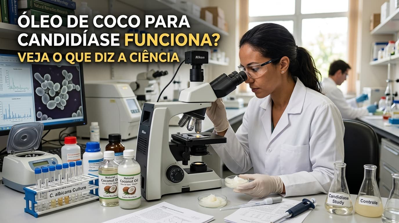Imagem ilustrativa com o título em destaque "ÓLEO DE COCO PARA CANDIDÍASE FUNCIONA? VEJA O QUE DIZ A CIÊNCIA". A cena mostra um ambiente de laboratório onde uma cientista, usando óculos de proteção, jaleco e luvas, examina uma amostra em um microscópio óptico. Sobre a bancada, estão organizados diversos materiais de pesquisa: frascos de "Óleo de Coco Natural", uma estante com tubos de ensaio rotulada "C. albicans Culture", placas de Petri com amostras, e frascos de vidro identificados como "Candidíase Study" e "Controle". Ao fundo, um monitor de computador exibe imagens microscópicas de células de fungos. A composição visual conecta visualmente o uso do óleo de coco à pesquisa científica focada no tratamento da candidíase.