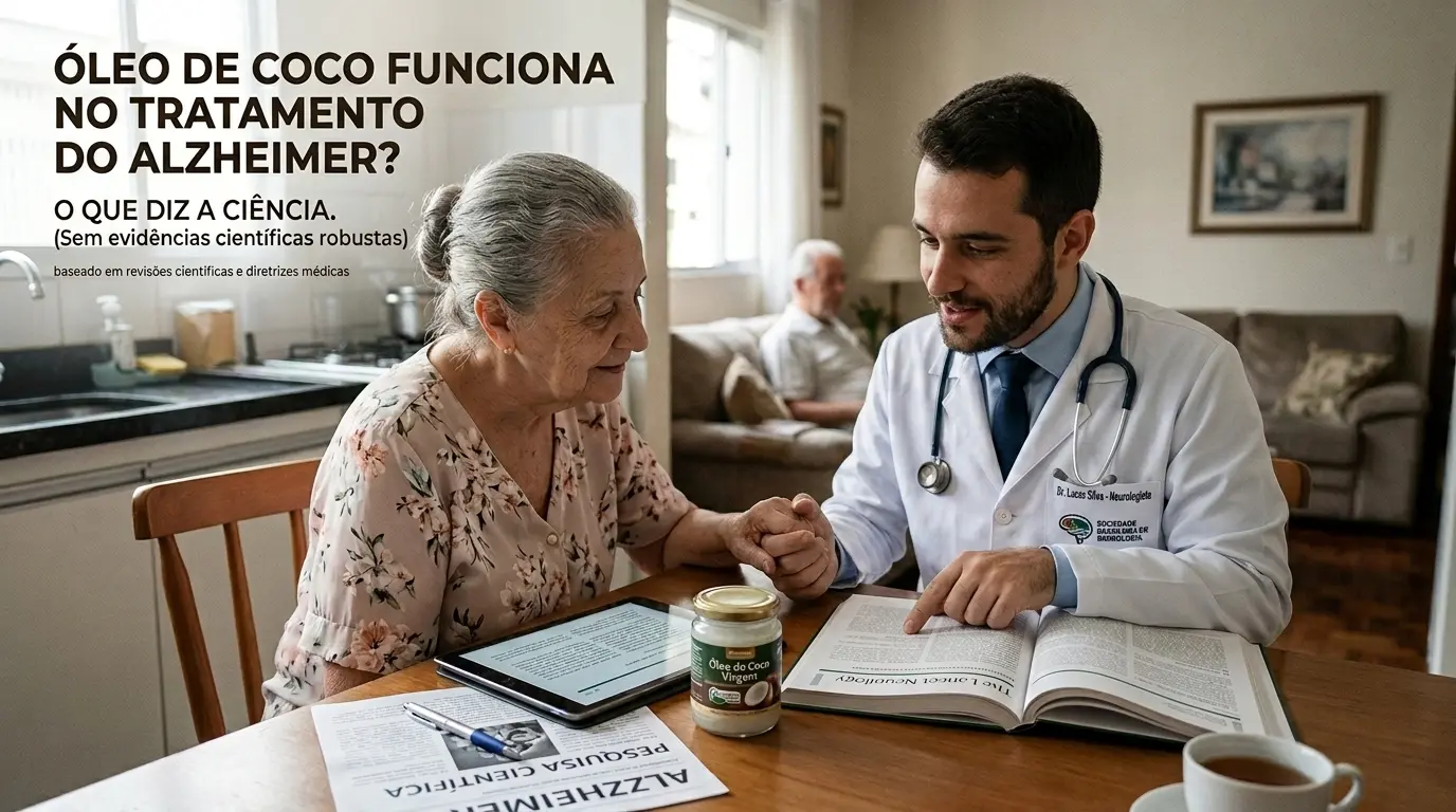 Imagem informativa com o título "Óleo de coco funciona no tratamento do Alzheimer? O que diz a ciência". A cena de fundo mostra um médico de jaleco e estetoscópio conversando de forma acolhedora com uma paciente idosa, segurando sua mão e apontando para um livro médico aberto. Sobre a mesa de madeira entre eles, há um pote de óleo de coco virgem, um tablet e um documento impresso com o título "Pesquisa Científica Alzheimer". O ambiente sugere uma consulta domiciliar humanizada, focada em orientações baseadas em evidências médicas.