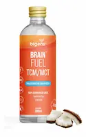Garrafa de 300ml de Suplemento Óleo TCM e MCT Brain Fuel da marca Bigens. Rótulo laranja indicando triglicerídeos de cadeia média 100% derivados de coco, posicionada ao lado de pedaços de coco fresco.