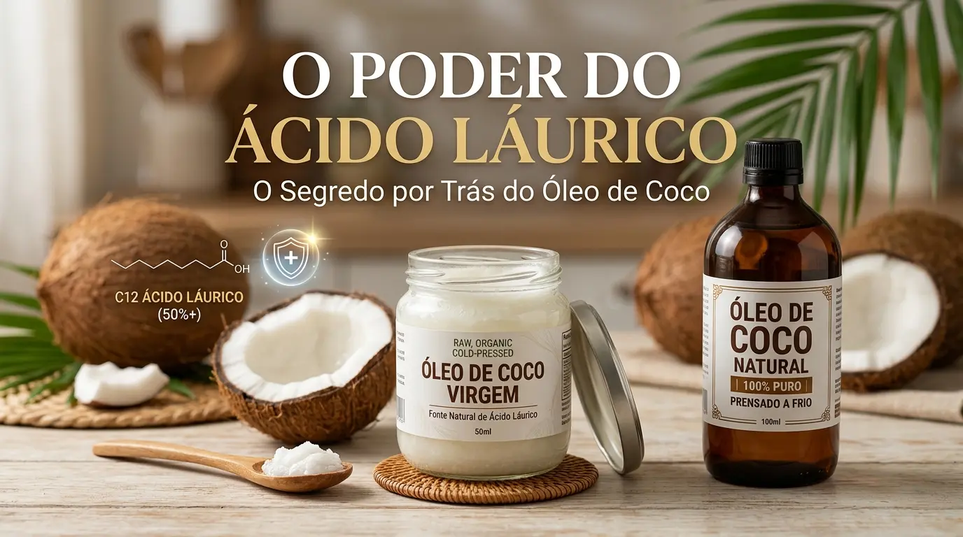 Imagem promocional destacando os benefícios do óleo de coco, com o título em destaque "O PODER DO ÁCIDO LÁURICO: O Segredo por Trás do Óleo de Coco". Sobre uma mesa de madeira rústica, estão dispostos dois produtos: ao centro, um pote de vidro com óleo de coco virgem sólido (cru, orgânico e prensado a frio) e, à direita, uma garrafa de vidro âmbar com óleo de coco natural líquido (100% puro e prensado a frio). A composição é decorada com cocos secos inteiros e abertos, mostrando a polpa branca, além de uma colher de pau com uma porção de óleo de coco sólido. No lado esquerdo, há um gráfico ilustrando a estrutura molecular do "C12 Ácido Láurico (50%+)" acompanhado de um ícone de escudo brilhante que simboliza proteção e saúde. O fundo mostra um ambiente aconchegante de cozinha com folhas verdes de palmeira.