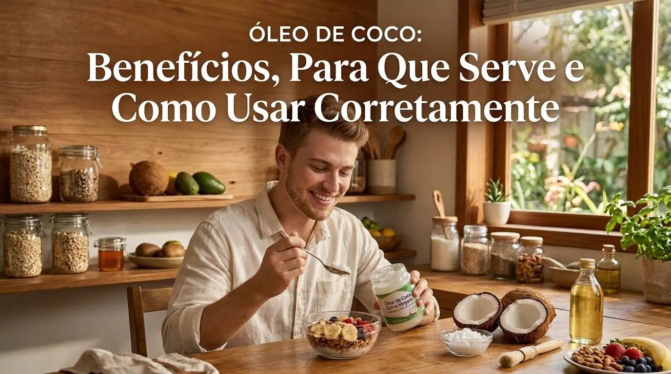 Um homem sorridente em uma cozinha rústica, adicionando óleo de coco extra virgem com uma colher a uma tigela de granola e frutas. A imagem inclui o texto principal sobre os benefícios, usos e aplicação correta do óleo de coco